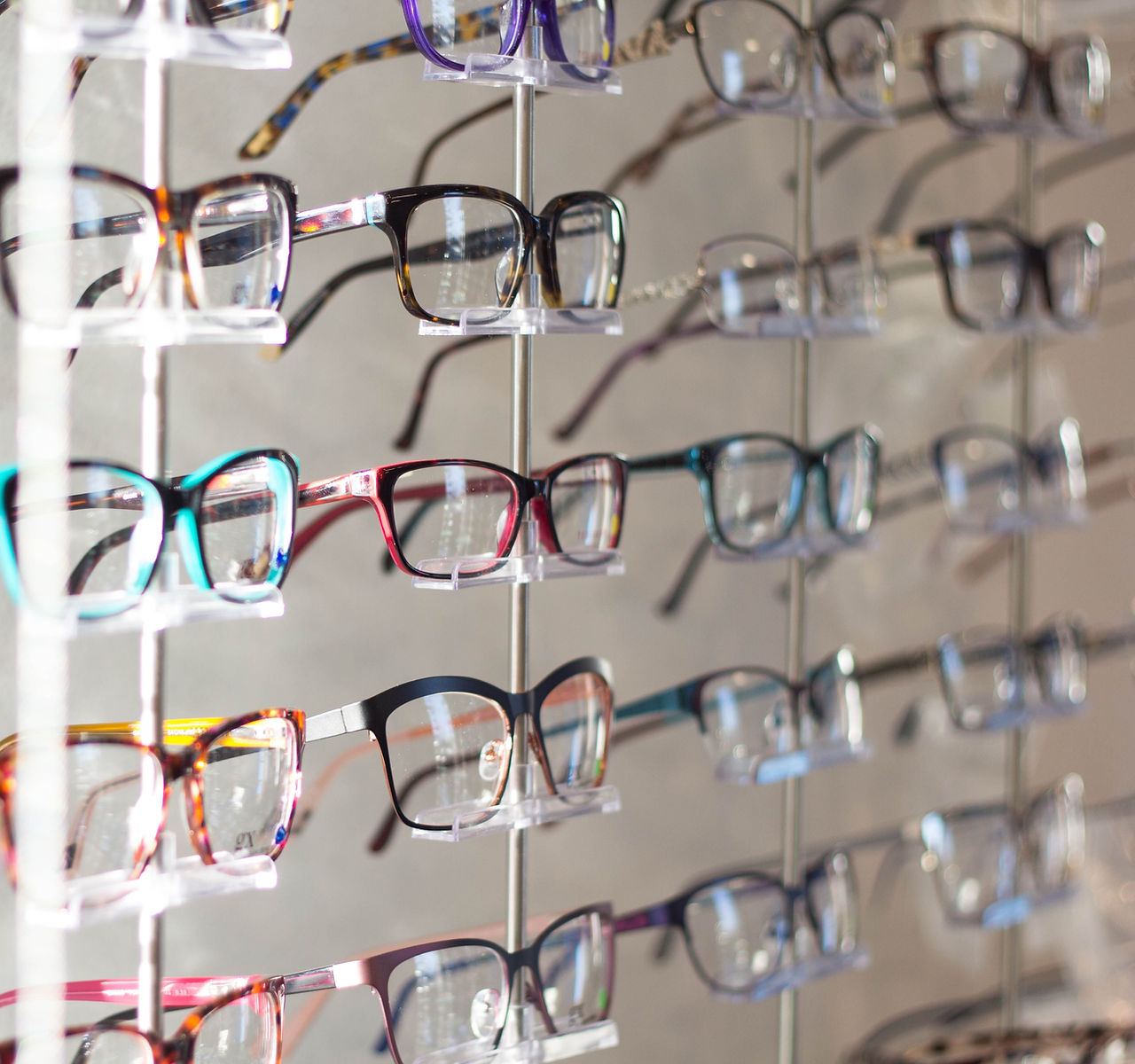 Wall of eyeglass frames in the optical center